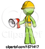 Poster, Art Print Of Green Construction Worker Contractor Man Holding Megaphone Bullhorn Facing Right