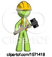 Poster, Art Print Of Green Construction Worker Contractor Man With Sledgehammer Standing Ready To Work Or Defend