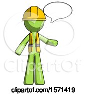 Poster, Art Print Of Green Construction Worker Contractor Man With Word Bubble Talking Chat Icon