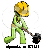 Poster, Art Print Of Green Construction Worker Contractor Man Hitting With Sledgehammer Or Smashing Something At Angle