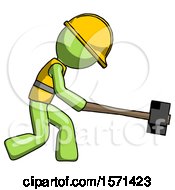Poster, Art Print Of Green Construction Worker Contractor Man Hitting With Sledgehammer Or Smashing Something