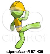 Green Construction Worker Contractor Man Kick Pose