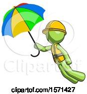 Poster, Art Print Of Green Construction Worker Contractor Man Flying With Rainbow Colored Umbrella