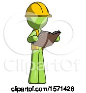 Green Construction Worker Contractor Man Reading Book While Standing Up Facing Away