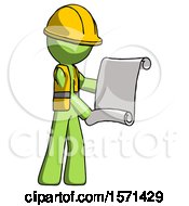 Poster, Art Print Of Green Construction Worker Contractor Man Holding Blueprints Or Scroll