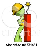 Poster, Art Print Of Green Construction Worker Contractor Man Leaning Against Dynimate Large Stick Ready To Blow