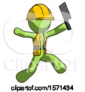 Green Construction Worker Contractor Man Psycho Running With Meat Cleaver