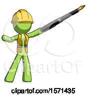 Poster, Art Print Of Green Construction Worker Contractor Man Pen Is Mightier Than The Sword Calligraphy Pose