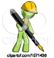 Poster, Art Print Of Green Construction Worker Contractor Man Drawing Or Writing With Large Calligraphy Pen