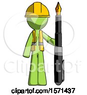 Poster, Art Print Of Green Construction Worker Contractor Man Holding Giant Calligraphy Pen