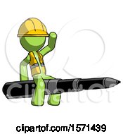 Poster, Art Print Of Green Construction Worker Contractor Man Riding A Pen Like A Giant Rocket