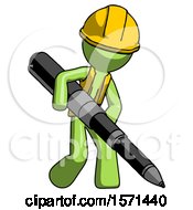 Poster, Art Print Of Green Construction Worker Contractor Man Writing With A Really Big Pen