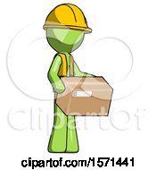Green Construction Worker Contractor Man Holding Package To Send Or Recieve In Mail