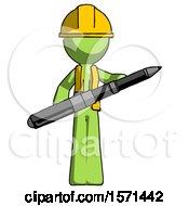 Green Construction Worker Contractor Man Posing Confidently With Giant Pen