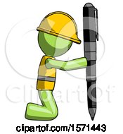 Green Construction Worker Contractor Man Posing With Giant Pen In Powerful Yet Awkward Manner
