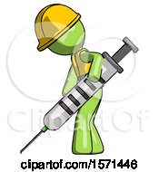 Poster, Art Print Of Green Construction Worker Contractor Man Using Syringe Giving Injection