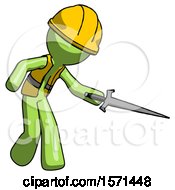 Poster, Art Print Of Green Construction Worker Contractor Man Sword Pose Stabbing Or Jabbing