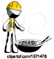 Poster, Art Print Of Ink Construction Worker Contractor Man And Noodle Bowl Giant Soup Restaraunt Concept