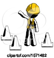Poster, Art Print Of Ink Construction Worker Contractor Man Standing By Traffic Cones Waving