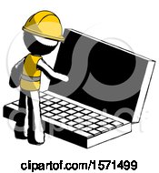 Poster, Art Print Of Ink Construction Worker Contractor Man Using Large Laptop Computer