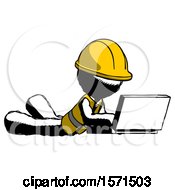 Poster, Art Print Of Ink Construction Worker Contractor Man Using Laptop Computer While Lying On Floor Side Angled View