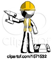 Ink Construction Worker Contractor Man Holding Drill Ready To Work Toolchest And Tools To Right
