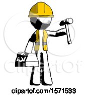 Ink Construction Worker Contractor Man Holding Tools And Toolchest Ready To Work