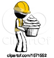 Poster, Art Print Of Ink Construction Worker Contractor Man Holding Large Cupcake Ready To Eat Or Serve
