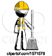Poster, Art Print Of Ink Construction Worker Contractor Man Standing With Broom Cleaning Services