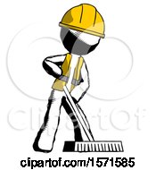 Ink Construction Worker Contractor Man Cleaning Services Janitor Sweeping Floor With Push Broom