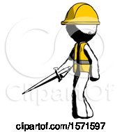 Poster, Art Print Of Ink Construction Worker Contractor Man With Sword Walking Confidently