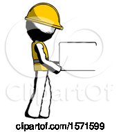 Poster, Art Print Of Ink Construction Worker Contractor Man Show Tablet Device Computer To Viewer Blank Area