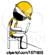 Poster, Art Print Of Ink Construction Worker Contractor Man Using Laptop Computer While Sitting In Chair View From Side
