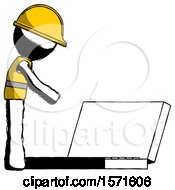 Ink Construction Worker Contractor Man Using Large Laptop Computer Side Orthographic View