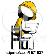 Poster, Art Print Of Ink Construction Worker Contractor Man Using Laptop Computer While Sitting In Chair View From Back