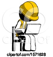 Poster, Art Print Of Ink Construction Worker Contractor Man Using Laptop Computer While Sitting In Chair Angled Right