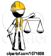 Poster, Art Print Of Ink Construction Worker Contractor Man Justice Concept With Scales And Sword Justicia Derived