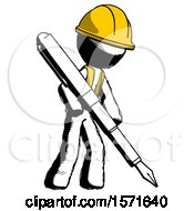 Ink Construction Worker Contractor Man Drawing Or Writing With Large Calligraphy Pen