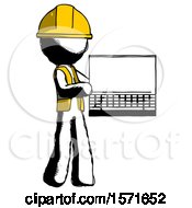 Poster, Art Print Of Ink Construction Worker Contractor Man Holding Laptop Computer Presenting Something On Screen