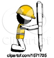 Poster, Art Print Of Ink Construction Worker Contractor Man Posing With Giant Pen In Powerful Yet Awkward Manner