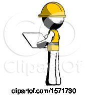 Poster, Art Print Of Ink Construction Worker Contractor Man Looking At Tablet Device Computer With Back To Viewer