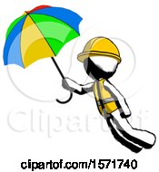Poster, Art Print Of Ink Construction Worker Contractor Man Flying With Rainbow Colored Umbrella