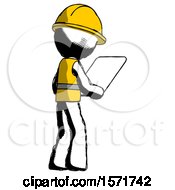 Poster, Art Print Of Ink Construction Worker Contractor Man Looking At Tablet Device Computer Facing Away