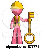 Poster, Art Print Of Pink Construction Worker Contractor Man Holding Key Made Of Gold