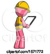 Poster, Art Print Of Pink Construction Worker Contractor Man Looking At Tablet Device Computer Facing Away