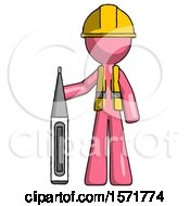 Poster, Art Print Of Pink Construction Worker Contractor Man Standing With Large Thermometer