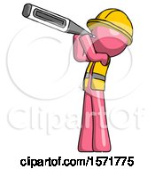 Poster, Art Print Of Pink Construction Worker Contractor Man Thermometer In Mouth