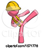 Poster, Art Print Of Pink Construction Worker Contractor Man Ninja Kick Right