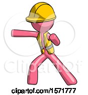 Poster, Art Print Of Pink Construction Worker Contractor Man Martial Arts Punch Left