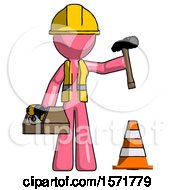 Poster, Art Print Of Pink Construction Worker Contractor Man Under Construction Concept Traffic Cone And Tools